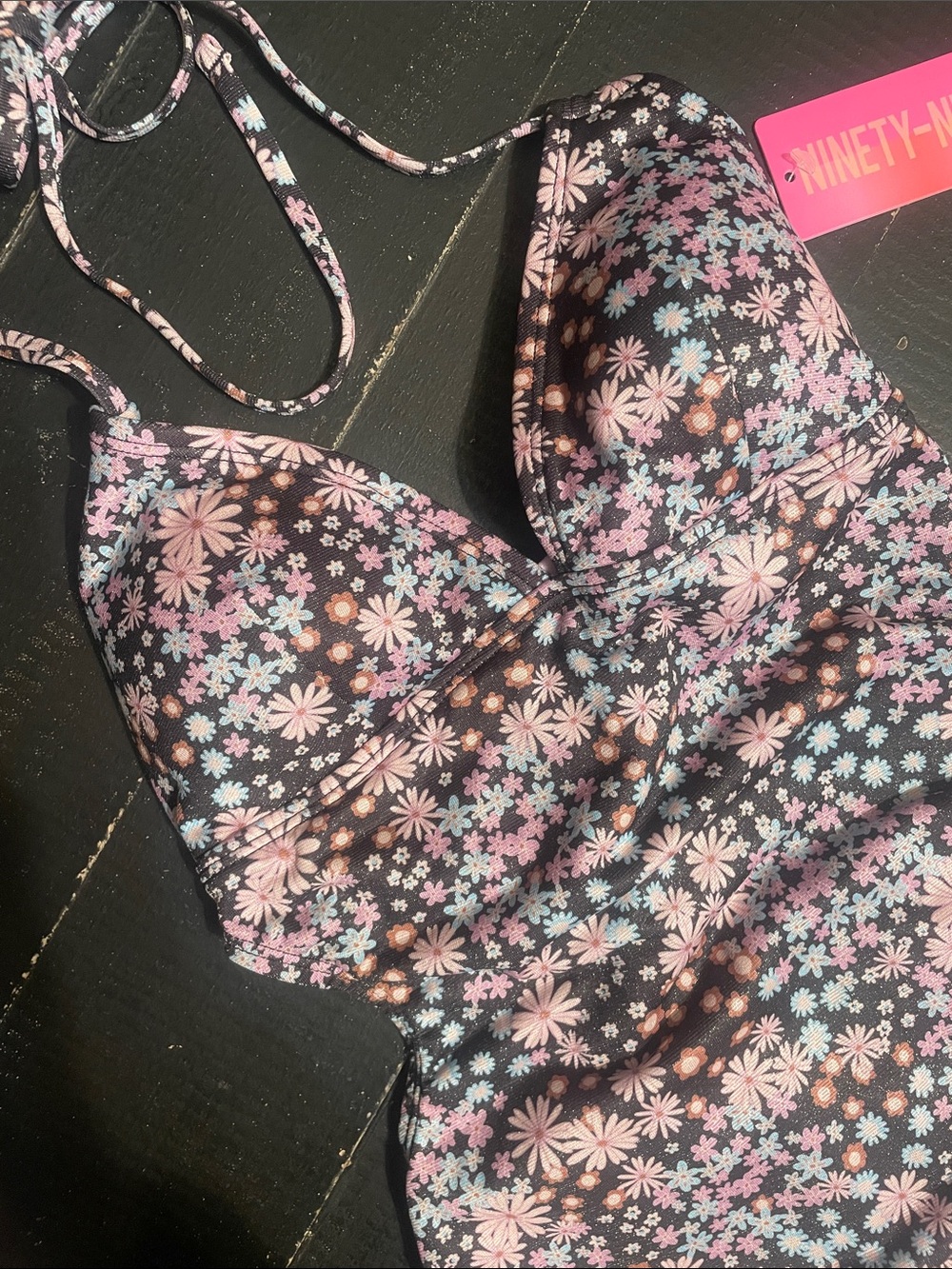 Ninety Floral One-Piece Swimsuit - Black with Pink & Light Blue Flowers
